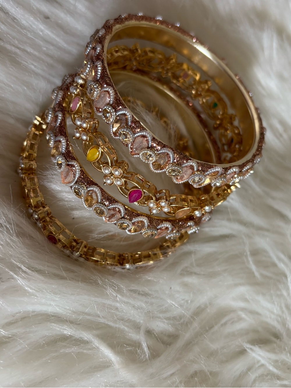 Gold-Plated  color Multicolor Stone & Pearl Floral Bangle Set - Women Jewelry